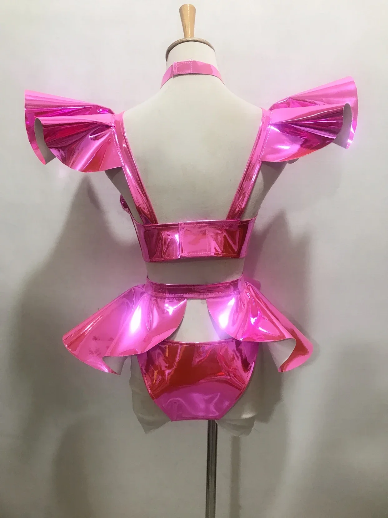 Zilveren Lakleren Bikini Minirok Festival Party Show Rave Dance Outfit Fluorescerend Geel Sexy Podiumkostuum