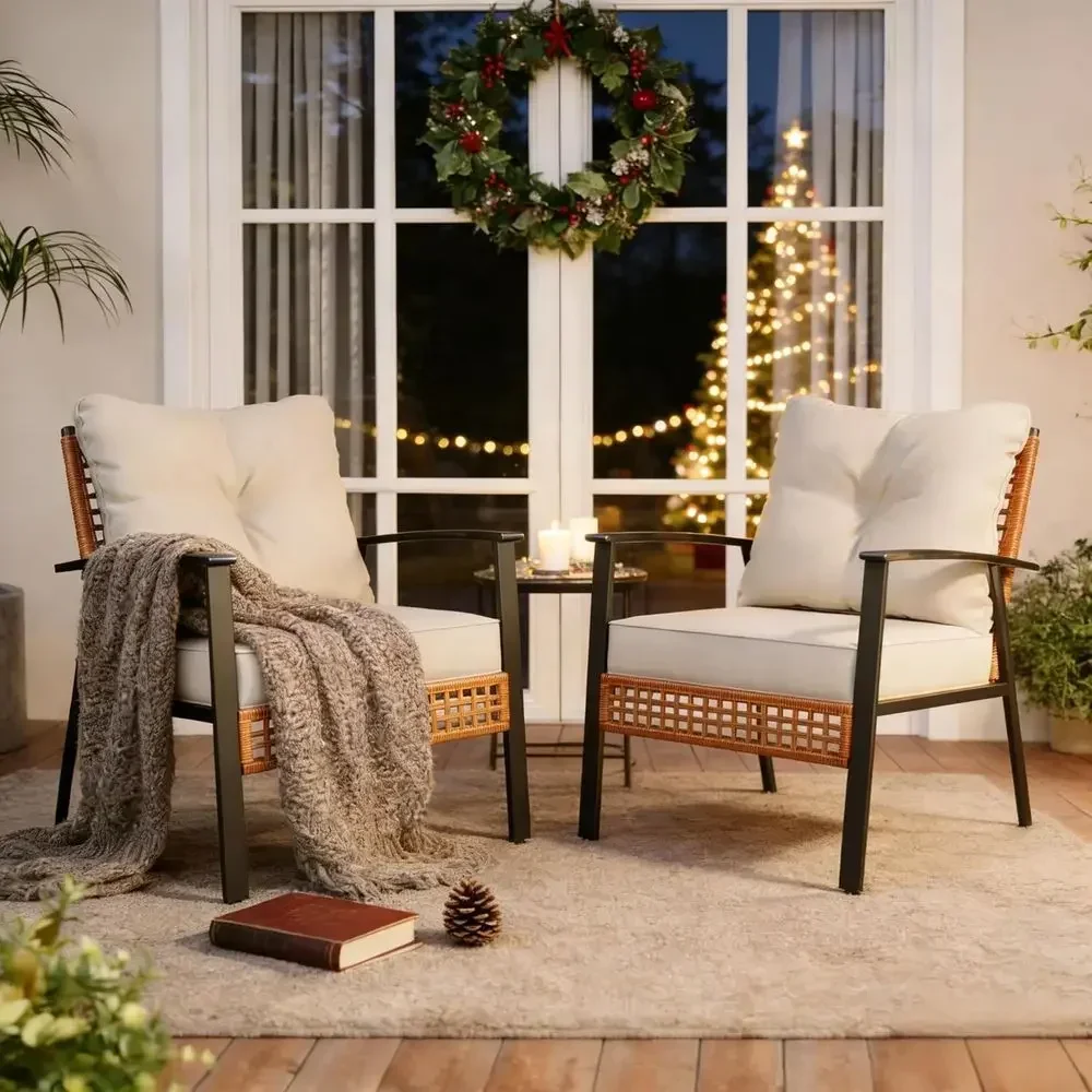Beige Outdoor Rattan Bistro Set with 2 Deep Seating Wicker Chairs and Thick Cushions for Patio, Garden, Balcony, and Backyard