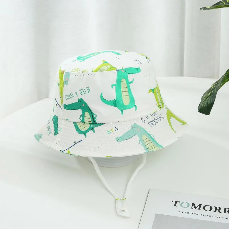 Cartoon Printing Baby Bucket Hat Cotton Breathable Kids Fisherman Hat Infant Toddle Sun Hat With Drawstring