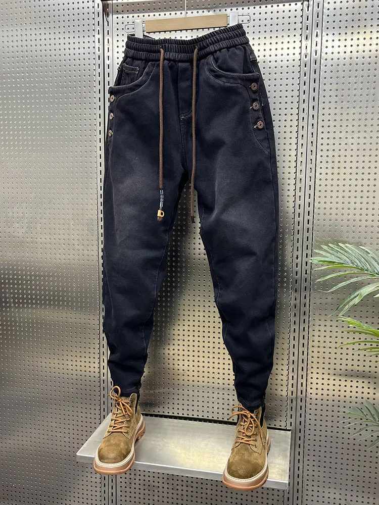 

Модные весенние джинсы-брюки из денима для мужчин, зауженные, в корейском стиле, с эластичными манжетами, молодежные повседневные облегающие брюки-харланы