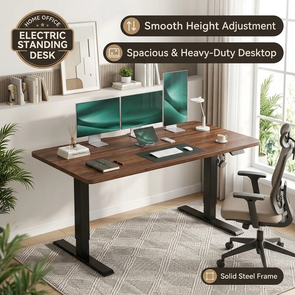 Ergonomic Electric Standing Desk 55x28 Inch Height Adjustable Large Computer Desk Black Walnut Splice Board Motorized Sit Stand Desk Workstation for Home Office Living Room Study Heavy Duty Gaming Desk