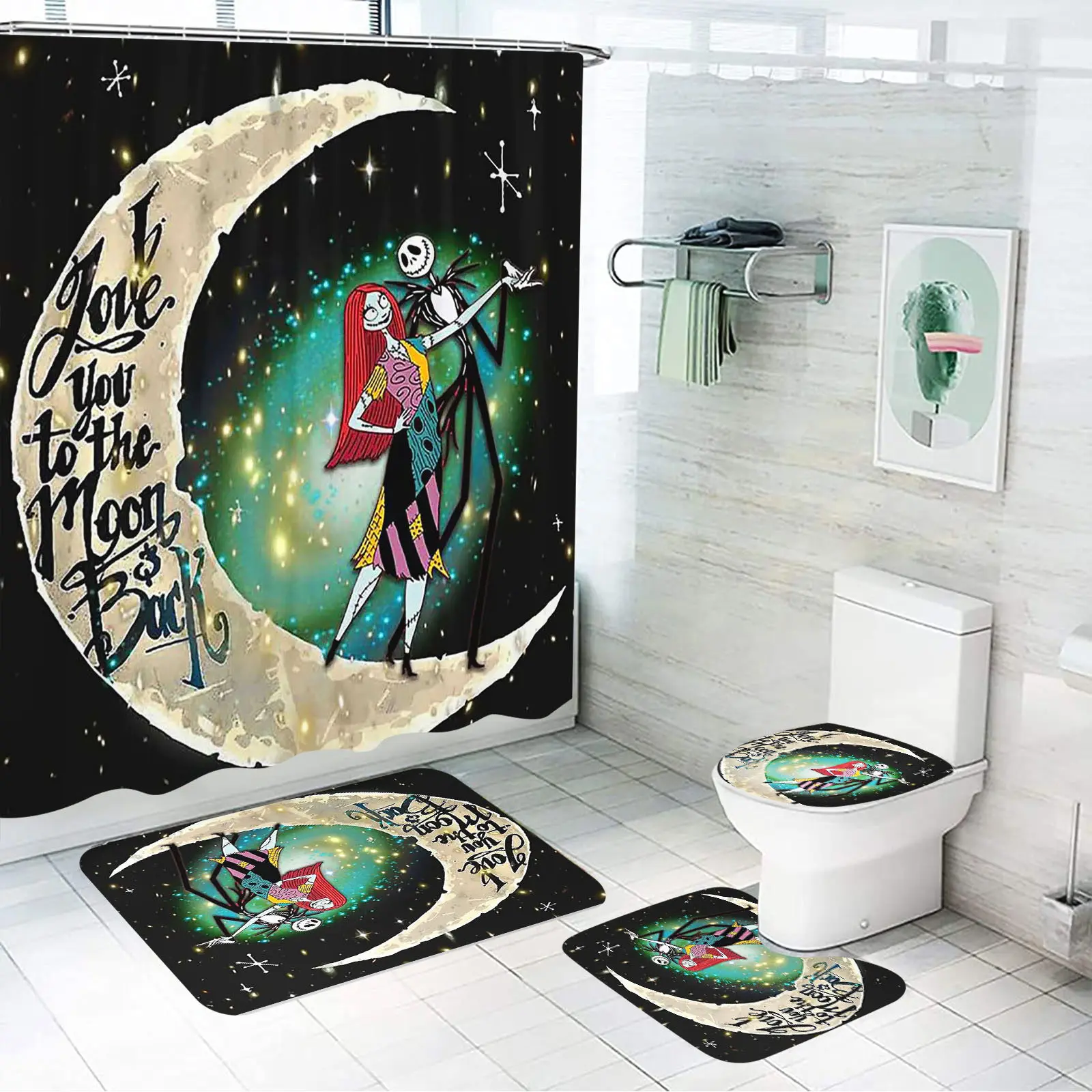 The Nightmare Before Christmas Printed Anime Shower Curtain Bathroom Sets Full Set Accessories Luxury Curtains 4 Piece Mats