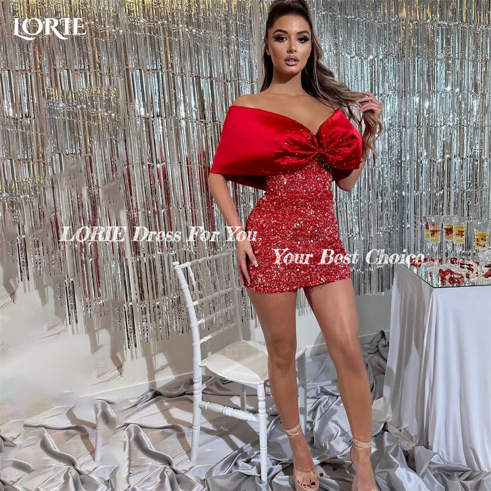 LORIE Sexy Glitter Cocktail Party Gowns Mini Sequins Off Shoulder Bow Sparkly Evening Dress Bodycon Shiny Backless Prom Dresses