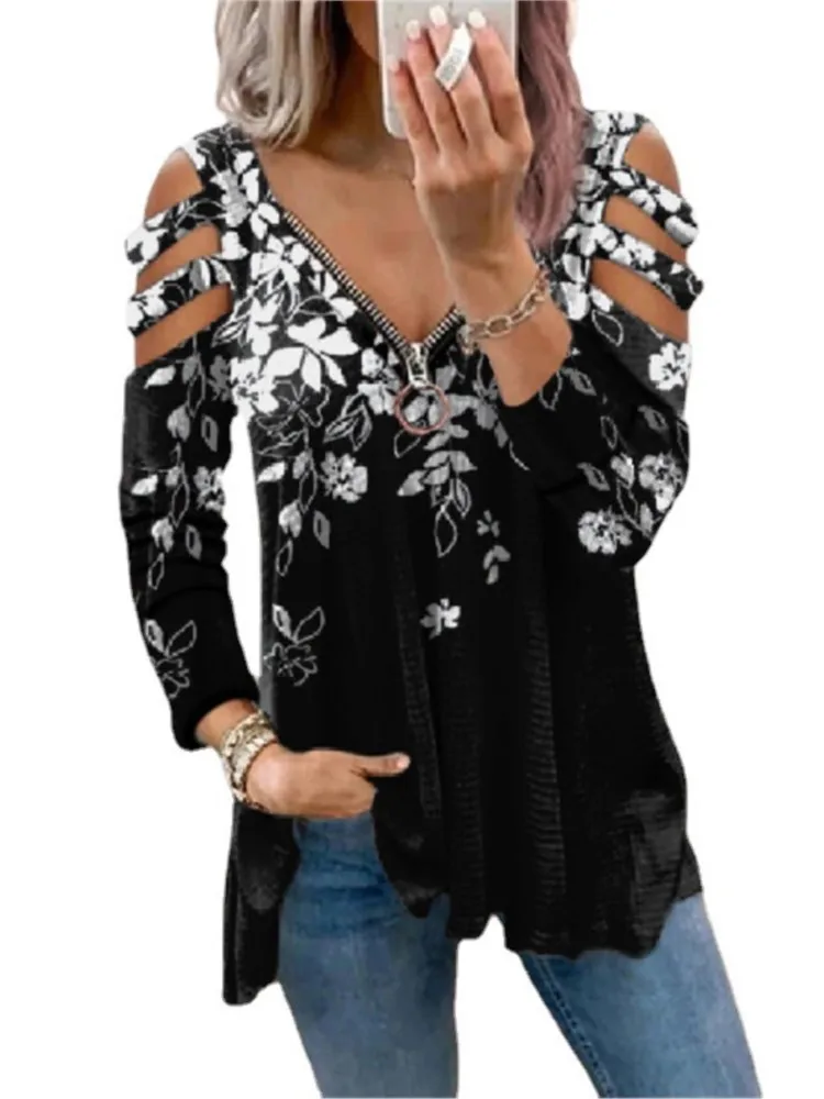 Herbst Winter Neue frauen Fashion Zipper Pullover Druck Sexy V-ausschnitt Off Schulter Lange Ärmeln Lose T-shirt frauen Top