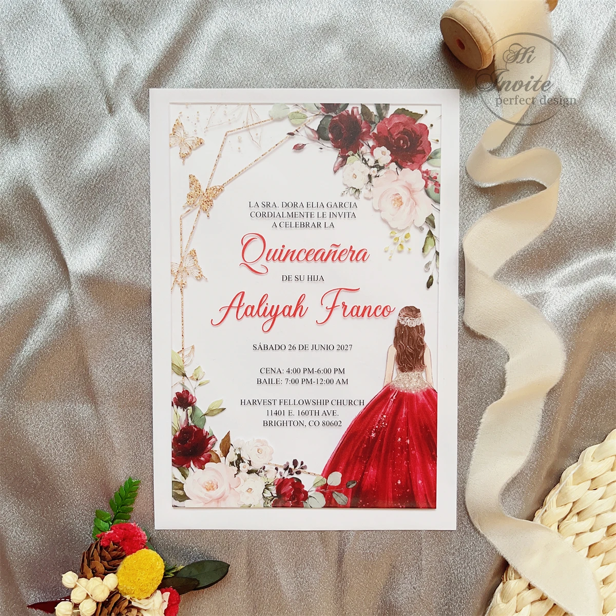 

Red Flower&Gold Butterfly Quinceanera Invitation With Princess, Customize Your Mis Quince 15 XV Anos Acrylic Invite