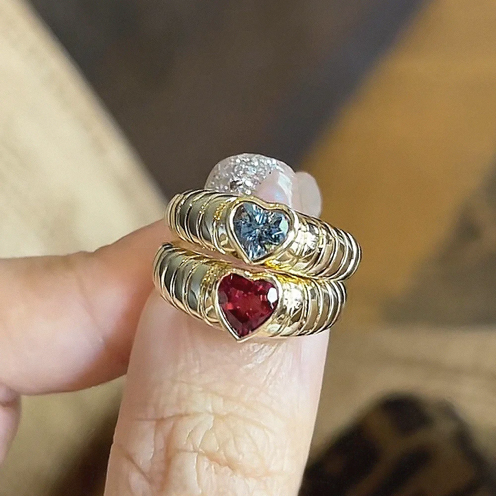 

Vintage 9K Solid Gold Set Natural Tourmaline Chunky Ring 925 Silver Heart Shape Red Blue Topaz Gemstones Finger Ring For Women