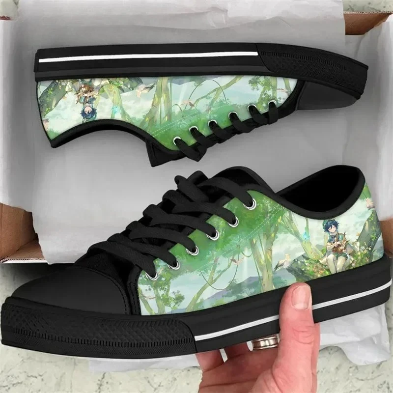 

Женские кроссовки Genshin Impact Vulcanize, новые черные низкие кеды из канваса в стиле аниме для девочек, дизайнерские туфли Klee.