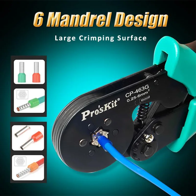 Pro`skit CP-463G Hexagonal self-adjusting tube type European terminal crimping pliers wire hoop crimper 0.25~6mm/AWG 24~ 10