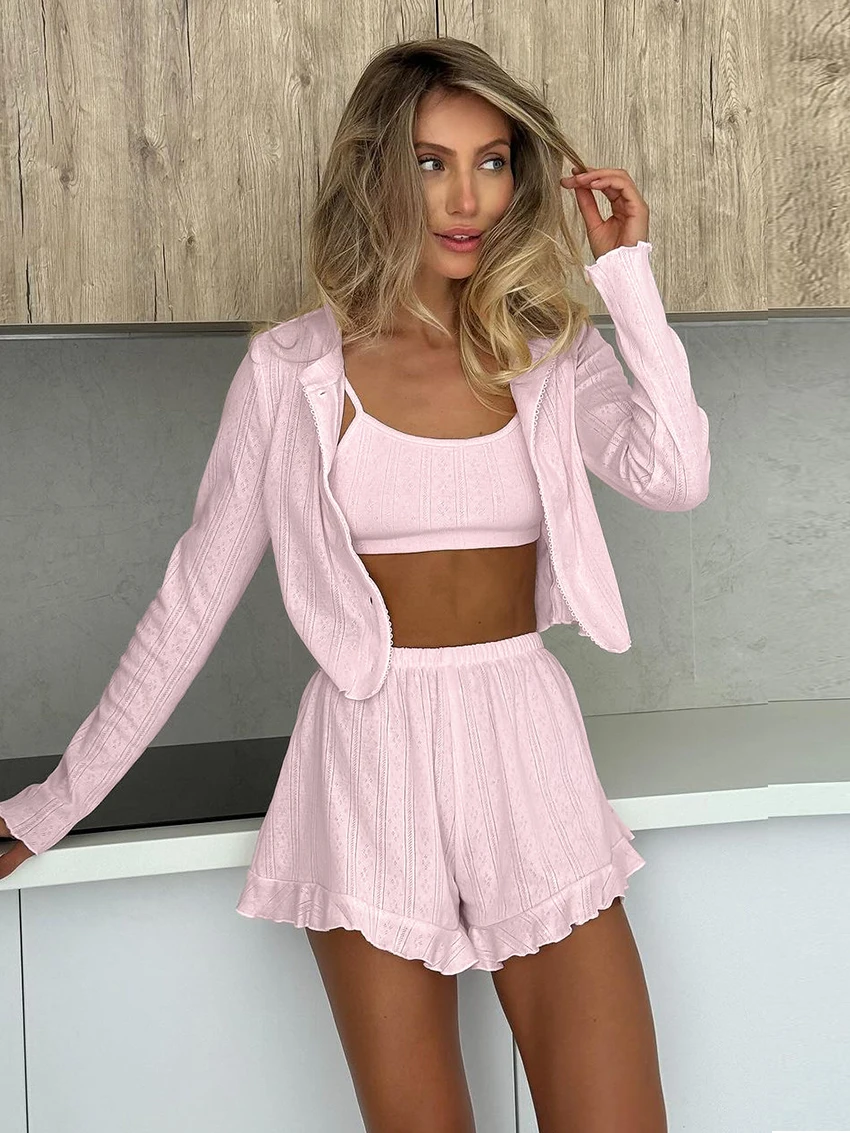 Marthaqiqi Causal Women Pajamas 3 Piece Set Spaghetti Strap Sleepwear Long Sleeve Robe O-Neck Nightie Shorts Home Clothes Ladies