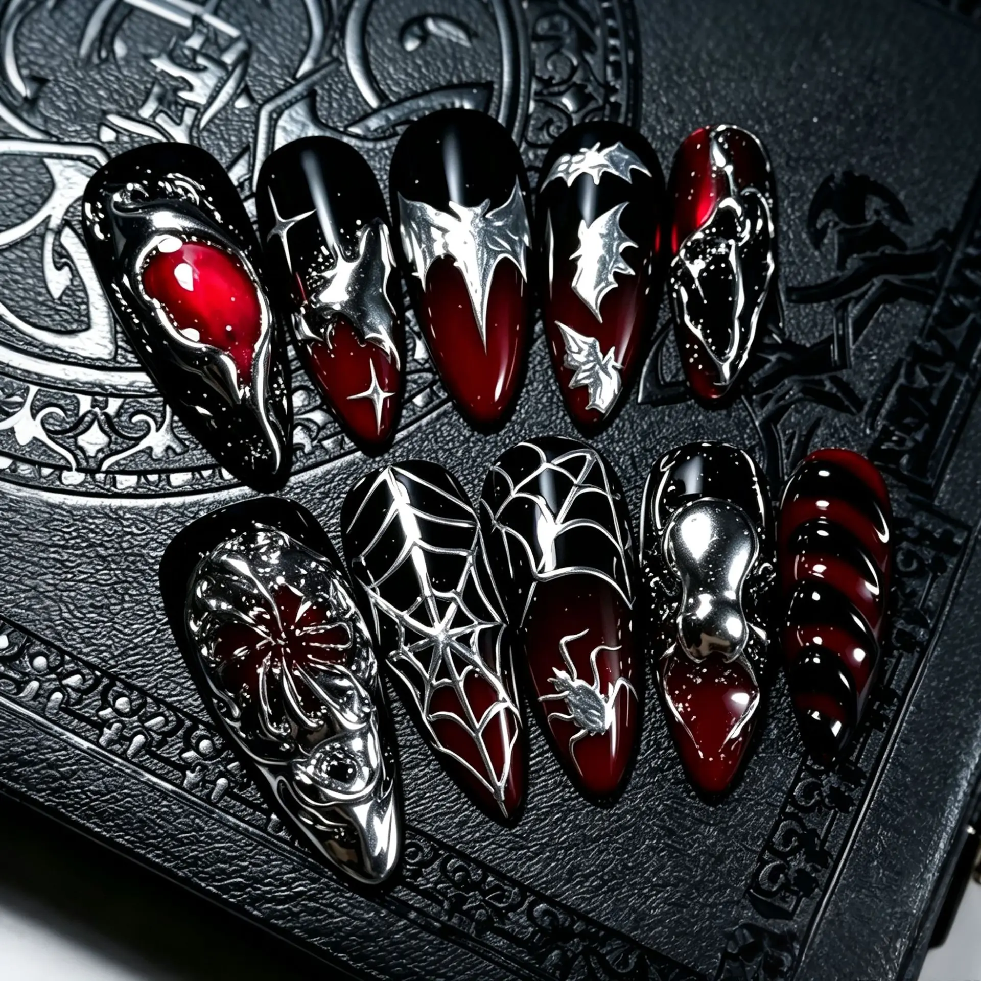 30pcs Gothic Black Red Gradient Press on Nails 3D Silver Spider Web Bat Spider Metallic Chrome False Nail Short Almond Fake Nail