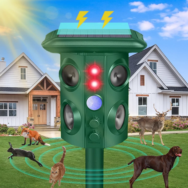 Répulsif à ultrasons rechargeable solaire pour animaux nuisibles, 5 modes, stroboscope LED, détecteur de mouvement PIR, répulsif pour rats et serpents
