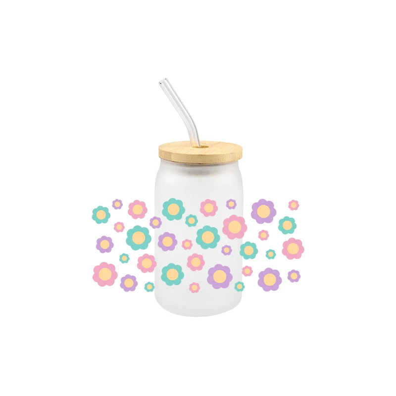 DIY Flowers UV DTF Transfer Sticker Wraps Cup Cartoon Cute Fashionable Bloow Libbey Glass Cup Decals Design Custom Wtaerproof