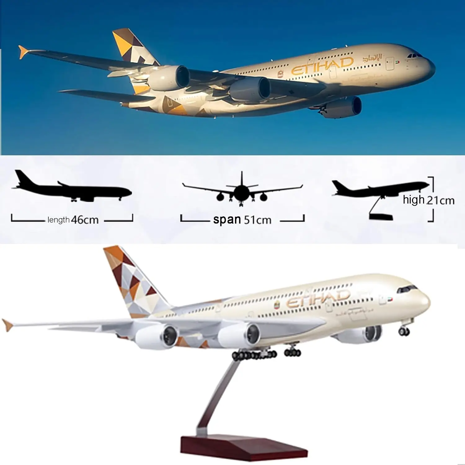 A380 Etihad Airways Flugzeugmodell, Maßstab 1:160, statische Kunstharzdisplay mit Sprachsteuerungslichtern, abnehmbaren Rädern, Sammlerstück, Aviati