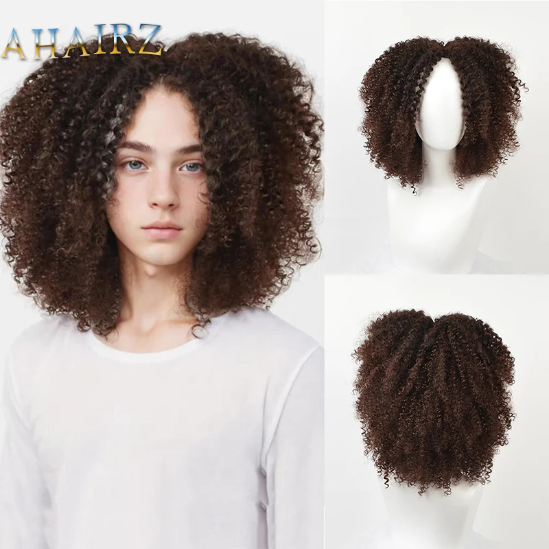 

Женский синтетический коричневый парик, афро-кудрявый вьющийся парик со средней пролитой челкой для женщин, повседневная одежда для косплея, праздничная одежда, искусственные волосы