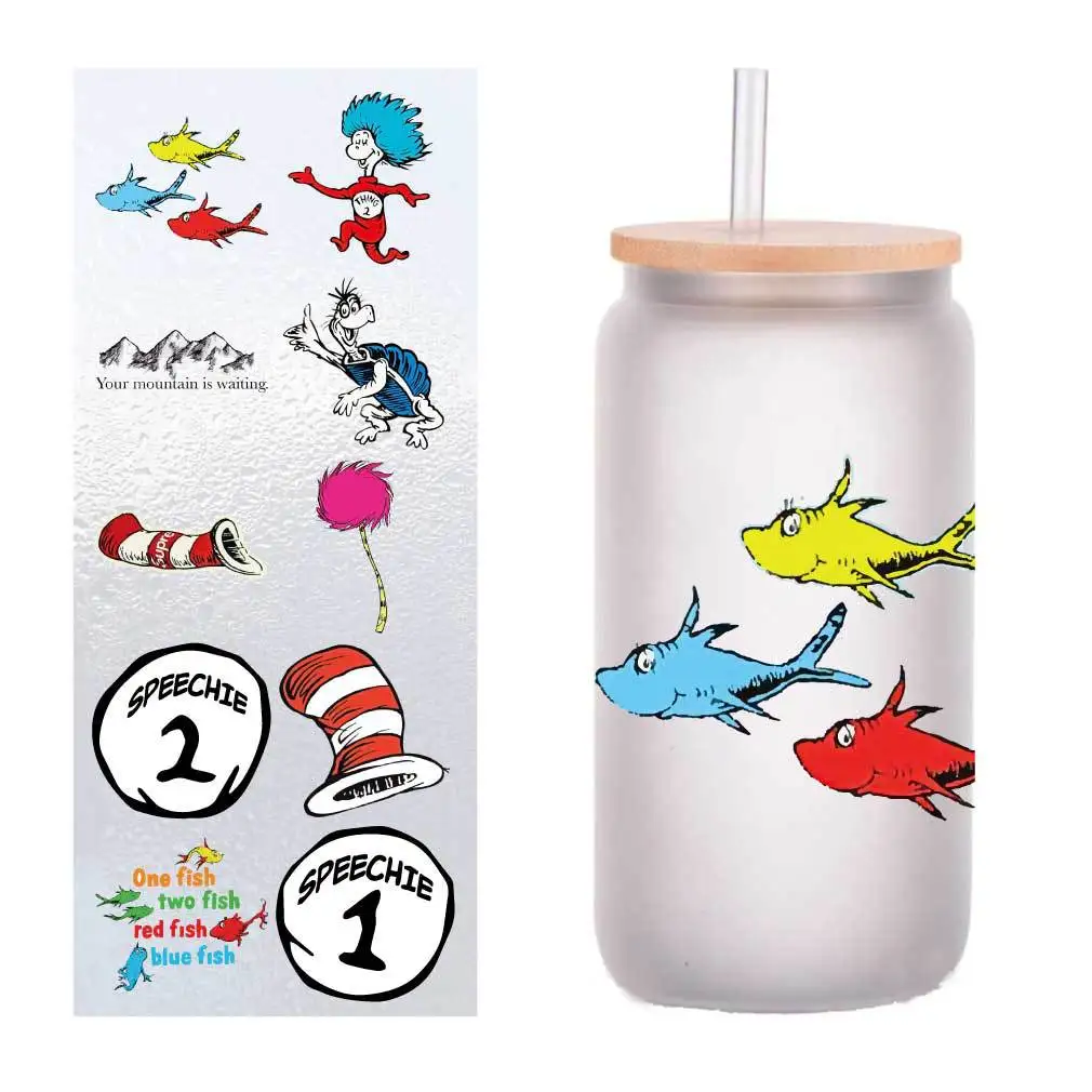 

10 pieces/pack Dr. Seuss writer UV transfer sticker Crystal label DIY Cup sticker customized four inches.