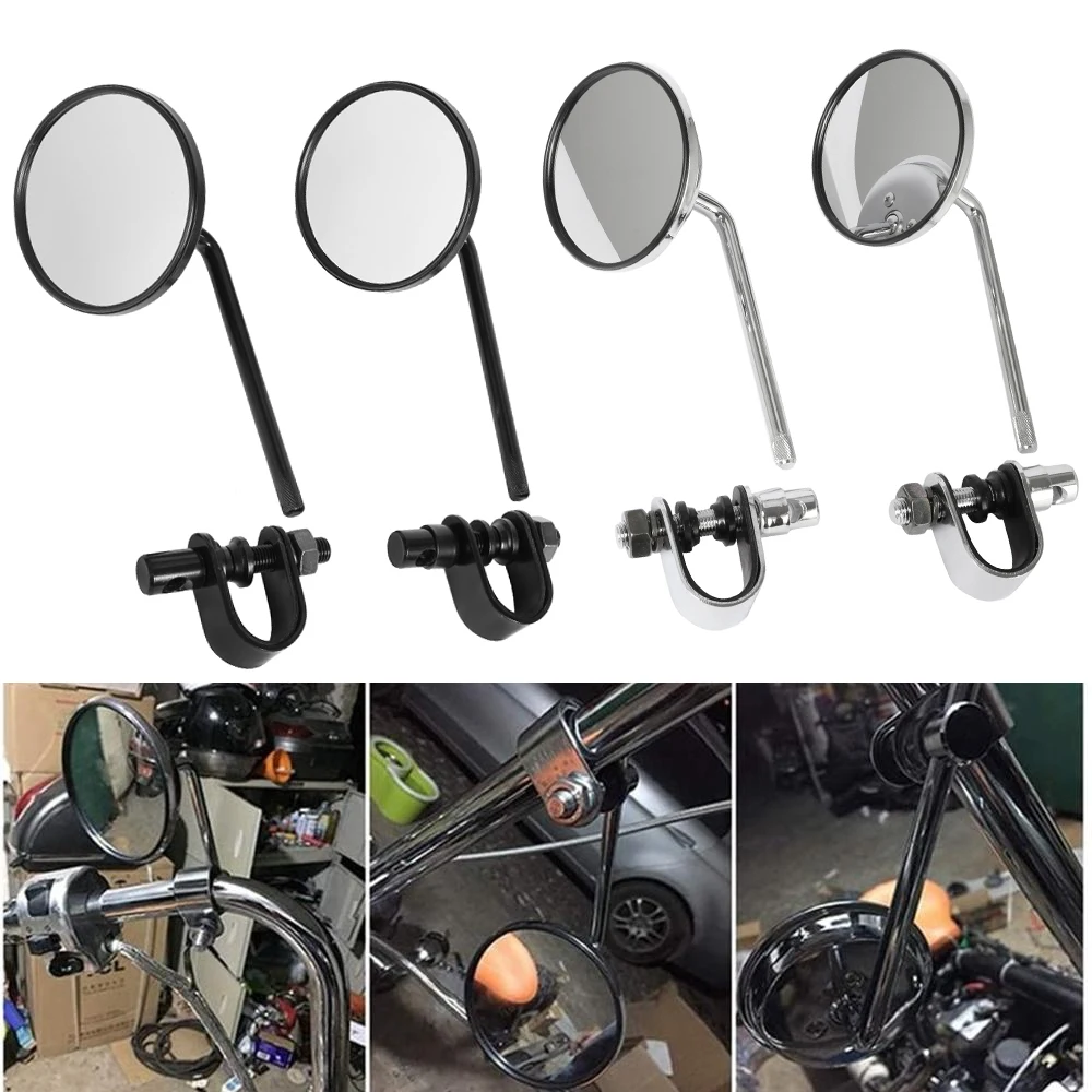 Pair Motorcycle Handlebar Rear View Mirrors Round Convex Clip-On 22-25mm Black Retro for Harley Honda Chopper Cruiser Cafe Racer