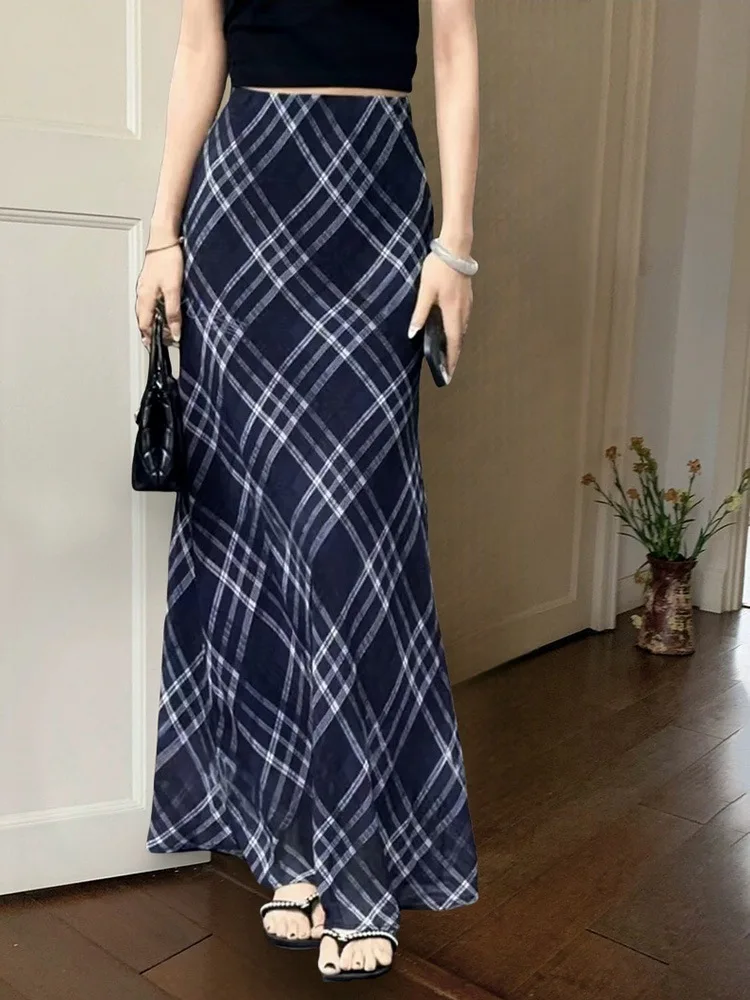 

Retro Art Blues Light and Thin Half Skirt Women's Tail Skirt Summer Look Thin Checkered Temperament Long Skirt Wrap Hip Skirt