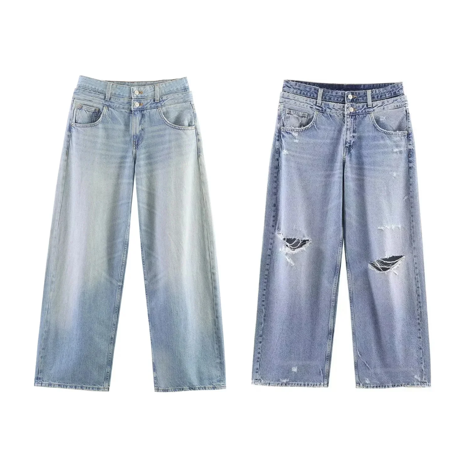 Spring New Arrival Women's Casual Decorative Double Layer Straight Leg Jeans Tear Hole Design Comfortable mid Waist Denim