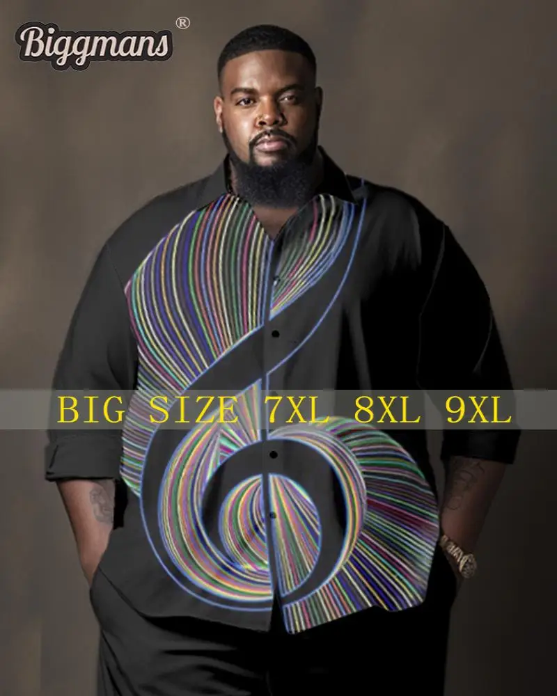 Biggmans Plus Size Top L-9Xl for Men's Clothing Casual Gentleman Music Notation Lapel Long Sleeved Shirts 7XL 8XL 9XL