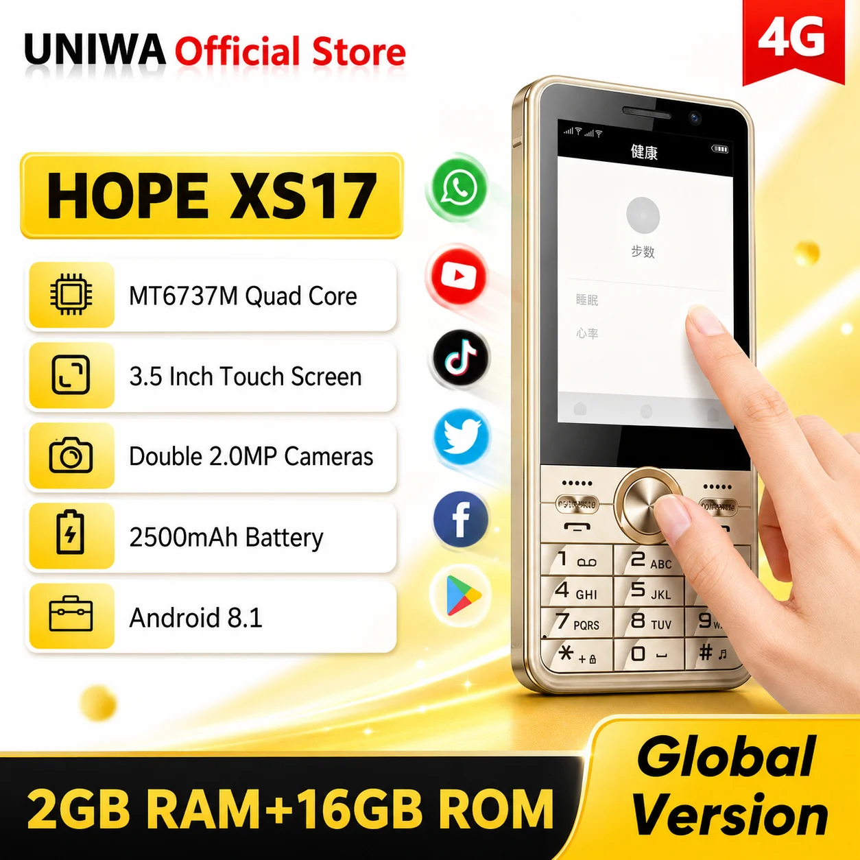 UNIWA HOPE XS17 4G 3.5 Inch Touch Screen Keypad Phone Smart Phone Android 8.1 2GB+16GB 2500mAh TikTok & Whatsapp Cellphone Cheap
