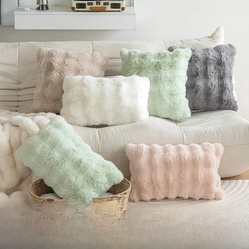 Rabbit Fur Bubble Velvet Pillow Cover Pure Color Plush Living Room Sofa Bedroom Sample Room Pillowcase Home Decor Accessories