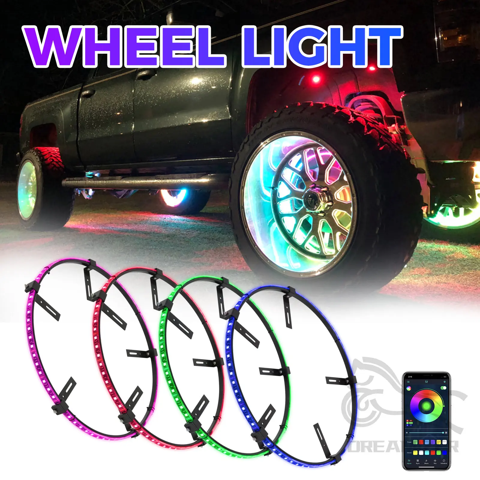 

4Pcs Car Hub Light For 15.5 in Wheel Decorative Waterproof LED APP/Remote Wheel Ring Conversions Phantom Light Neon Lamp