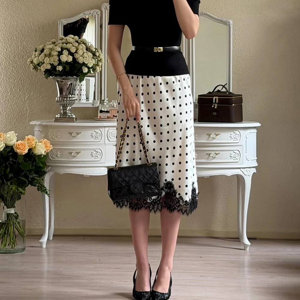 

Talenza Women's Lace Maxi Skirts Fashion High Waist Polka Dot Patchwork Satin Skirts Elegant Party Y2k Casual Chic Women's Skirt