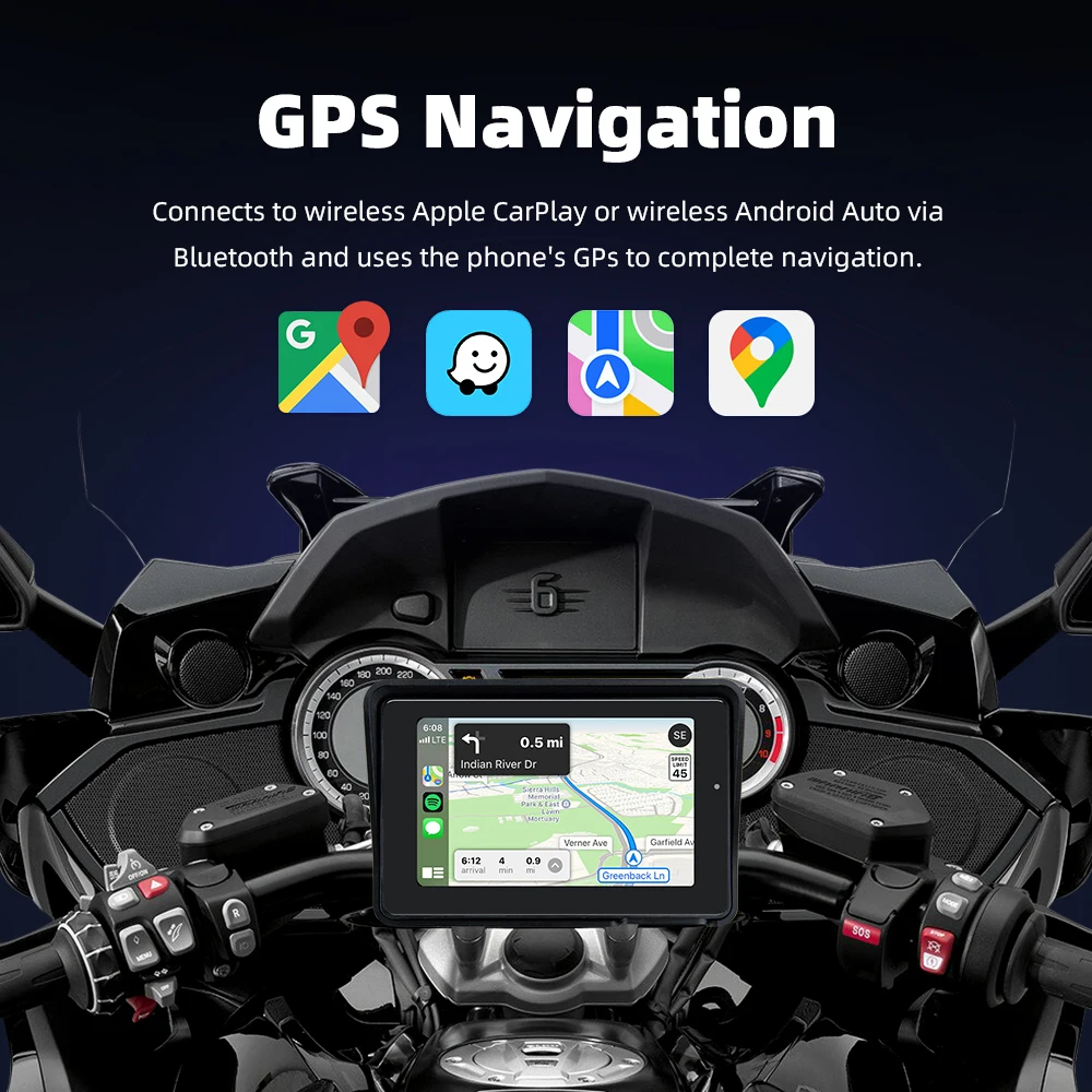 EKIY Portable Removable Digital Dashboard Android Auto Wireless CarPlay Moto External GPS Motorcycle Navigation Display Screen