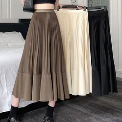 Fashion High Waist Pleated Spliced Skirts Spring Autumn A-Line Elastic Women's Clothing Casual Solid Color All-match Midi Skirts