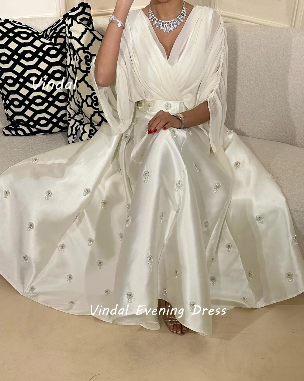 Vindal Ankle length V-Neck Fashion luxurious A-Line Beaded Chiffon Breast Padding Elegant Short Sleeves السعود For Woman 2024