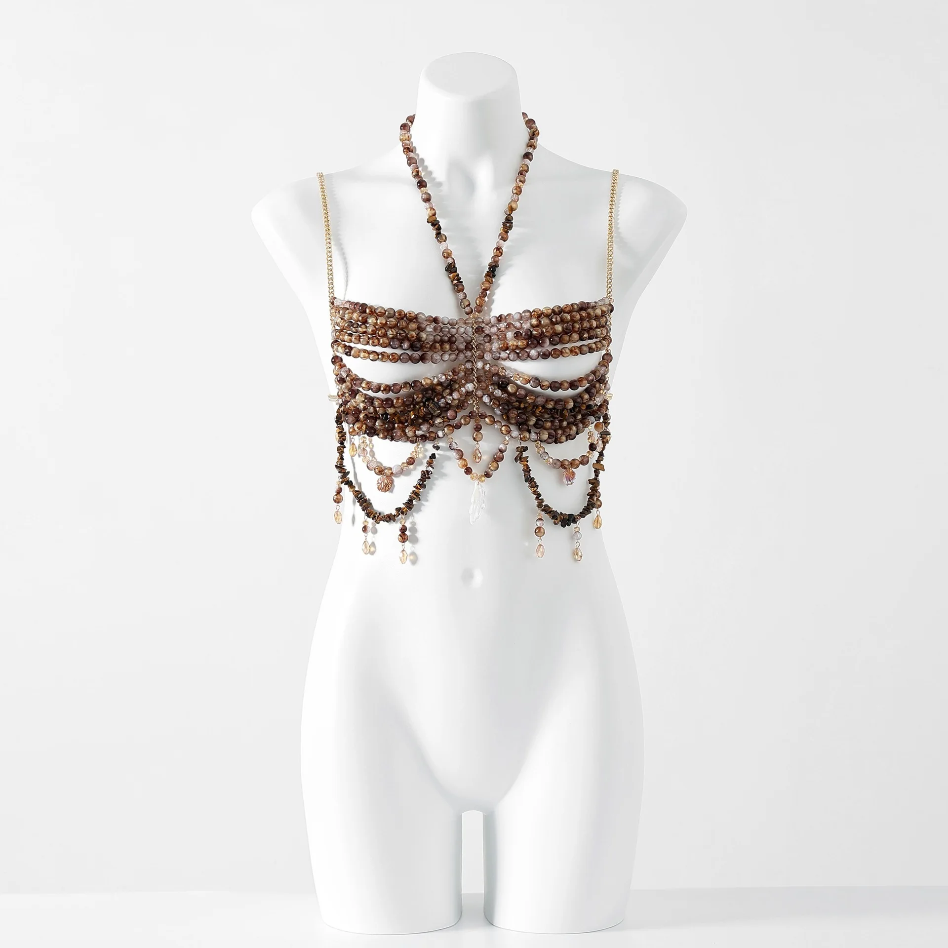 Body Chain, Spicy Girl, Tassel Bra, European And American Backless Hanging Neck, Stone Bead Strapless Vest, Adjustable Chain Top