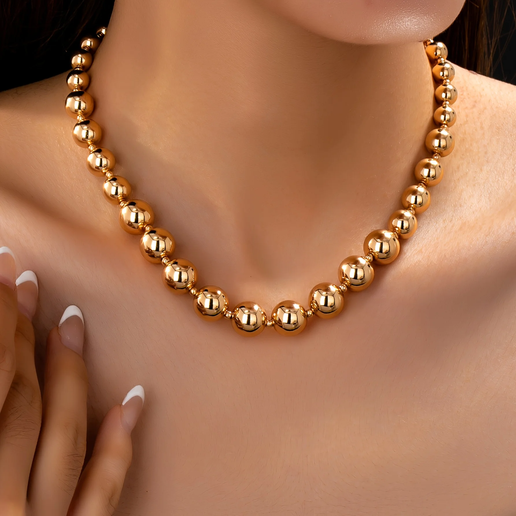 Graduated Thick Solid Polished Ball Bead Collarbone Necklace 316 Stainless Steel Gold Heavy-duty Mixed Size Bead Chain Jewelry
