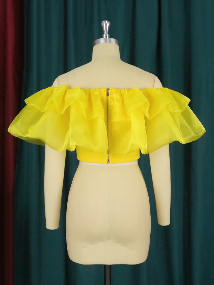 Women Blouses Off Shoulder Ruffles Pleated Yellow Summer Bright Shirt Tops Classy Elegant Lady Fashion Female African Bluas 2022