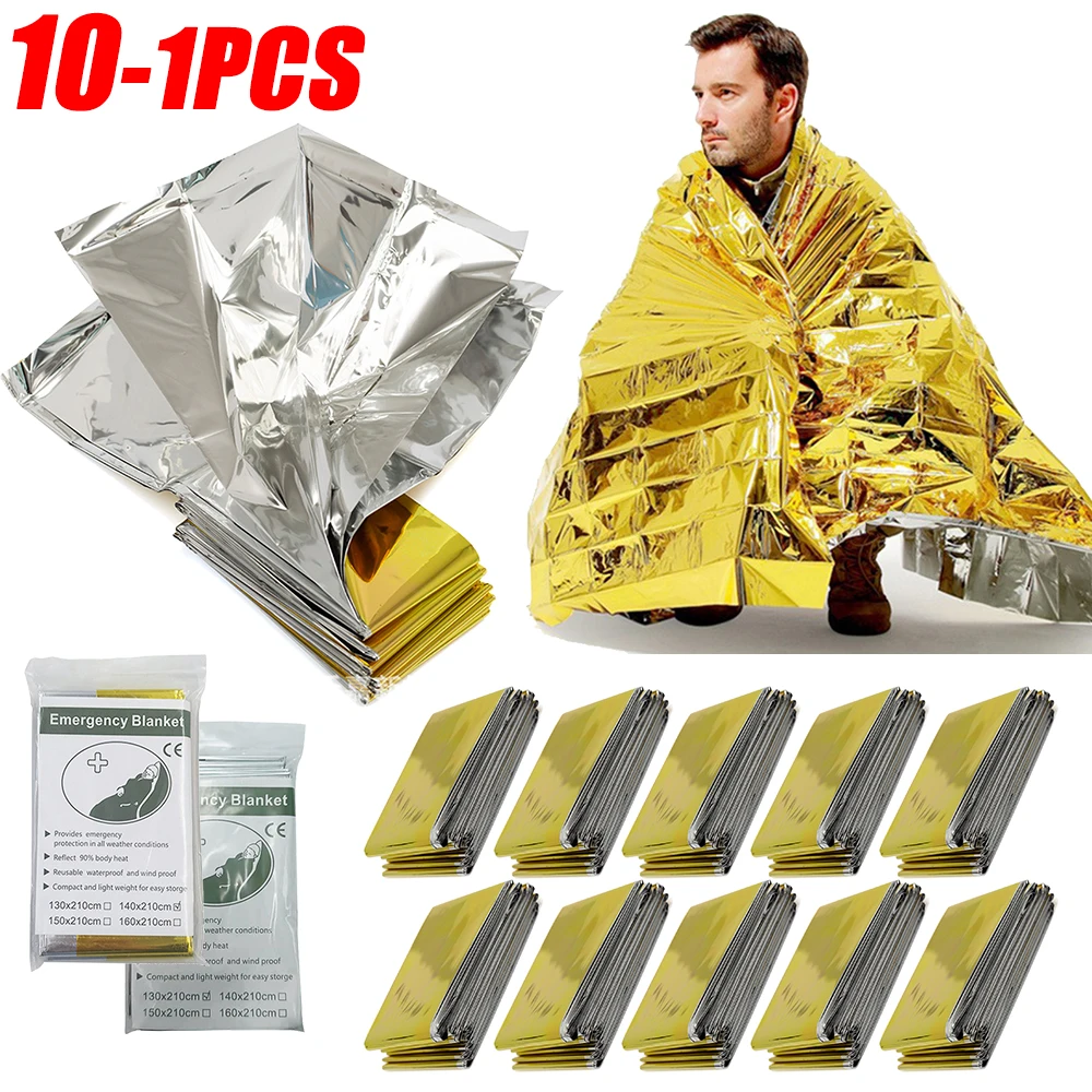 10-1PCS Emergency Blanket Thermal Windproof Outdoor Survive First Aid Military Rescue Kit Waterproof Foil Blanket Hiking Camping