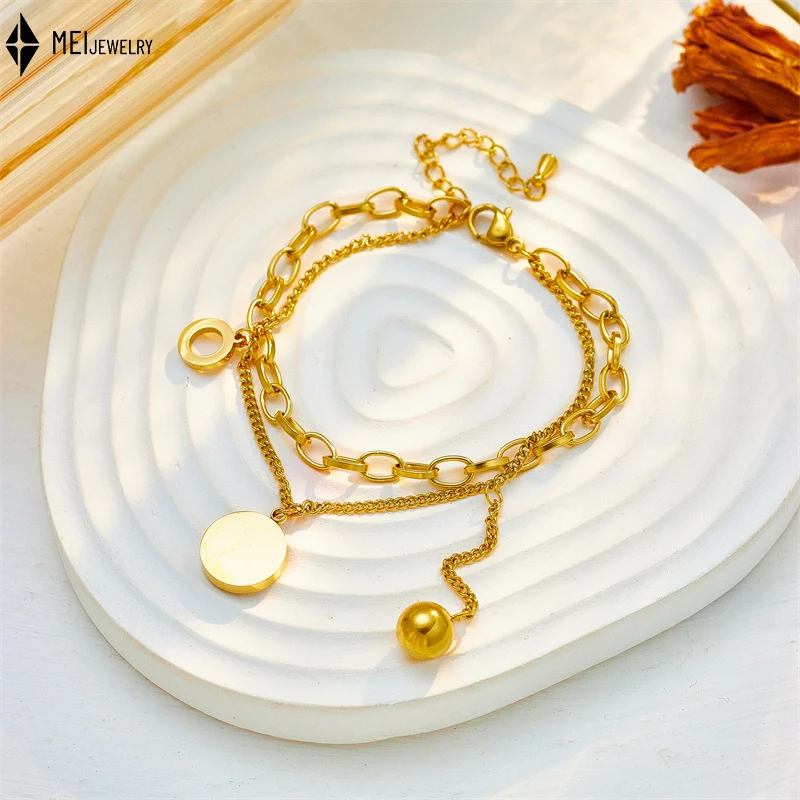 New Double-Layer Stainless Steel Chain Roman Round Brand Turquoise Pendant Jewelry Bracelet