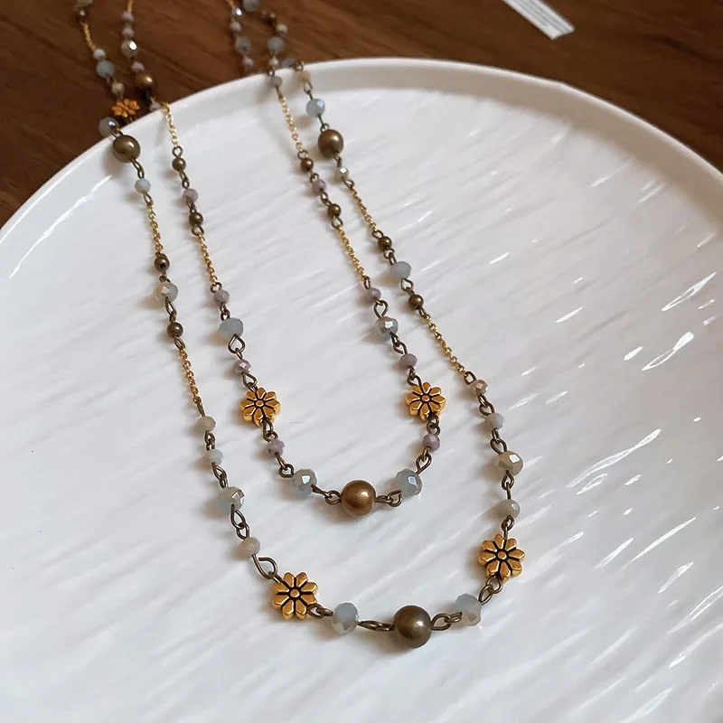 

Искусственные цветы, стеклянные бусины, двухслойные штабелируемые цепочки, ожерелье для женщин, винтажные ювелирные изделия-свитера из искусственных цветов, искусственный Fl