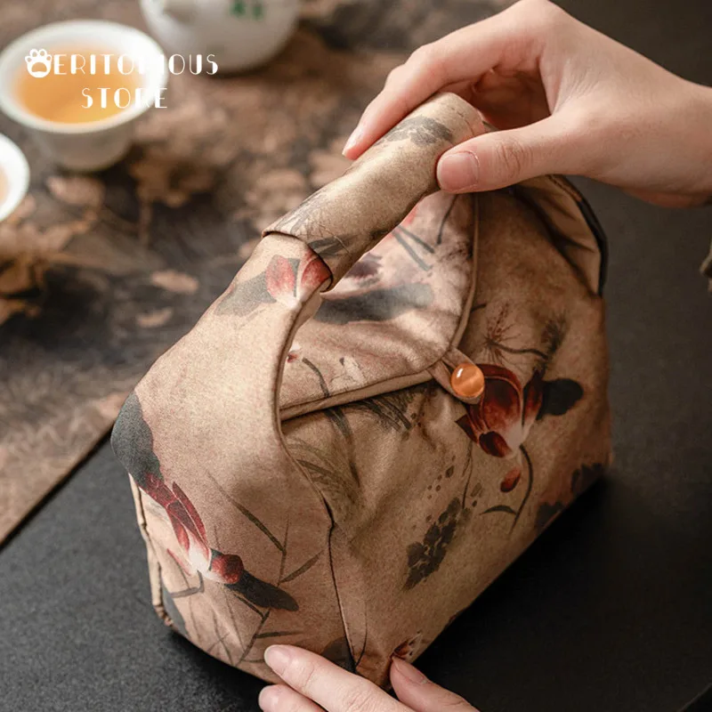 الحرير لوتس قافية الديباج الشاي حقيبة يد مريحة فنجان الشاي حقيبة التخييم في الهواء الطلق المحمولة حقيبة التخزين لوازم أكياس الصينية حفل الكؤوس #3