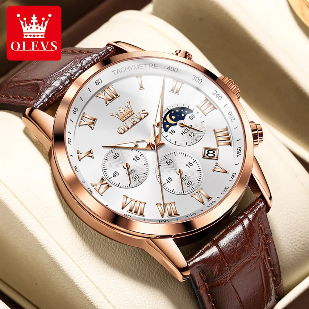

OLEVS Mens Watches Top Brand Luxury Leather Casual Chronograph Quartz Watch Men's Sport Waterproof Clock Watch Relogio Masculino