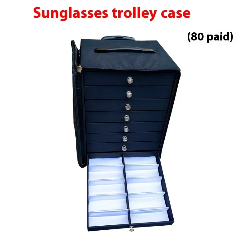 2024 New Oxford cloth sunglasses display case Multi-layer drawer glasses storage case Trolley box 80 pairs of wheels