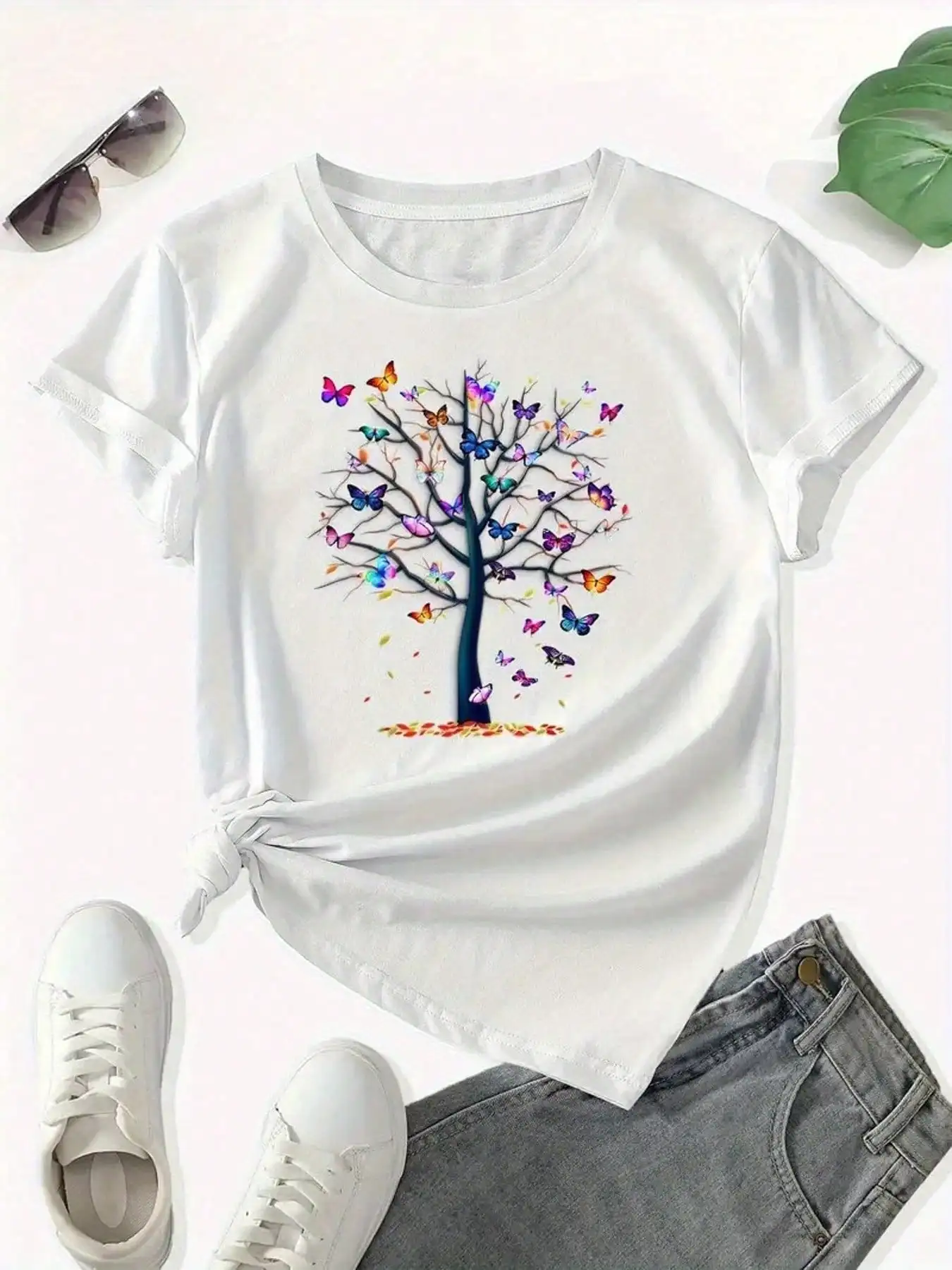 

Spring/Summer Fashion Hong Butterfly Tree Printed Round Neck T-Shirt, Casual Short Sleeve Top for Women