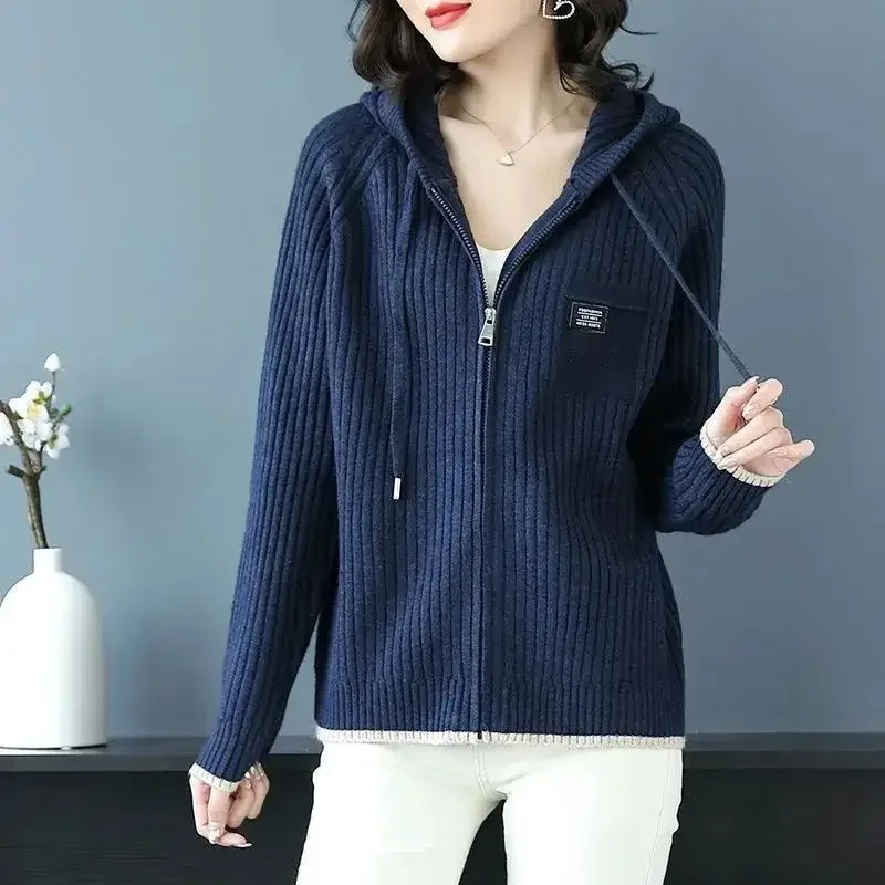 Женская мода 2024, весенне-осенняя вязаная бейсбольная куртка - короткая толстовка с капюшоном на молнии, корейский модный дизайн