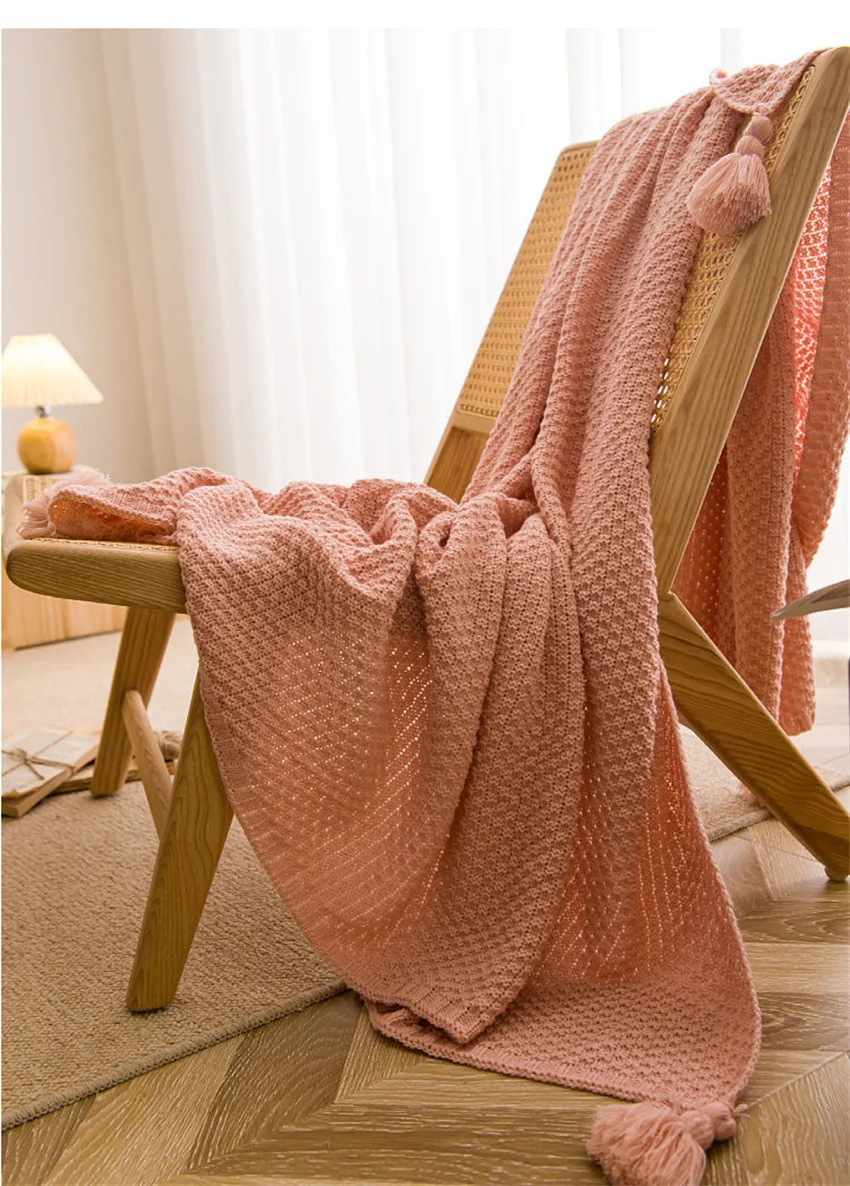 Nordische Decken für Bett, Sofa, Couch, grob gestrickte Tagesdecke, gestrickte Überwurfdecke mit Quaste, einfarbige Waffel-geprägte Decke – Detail 15