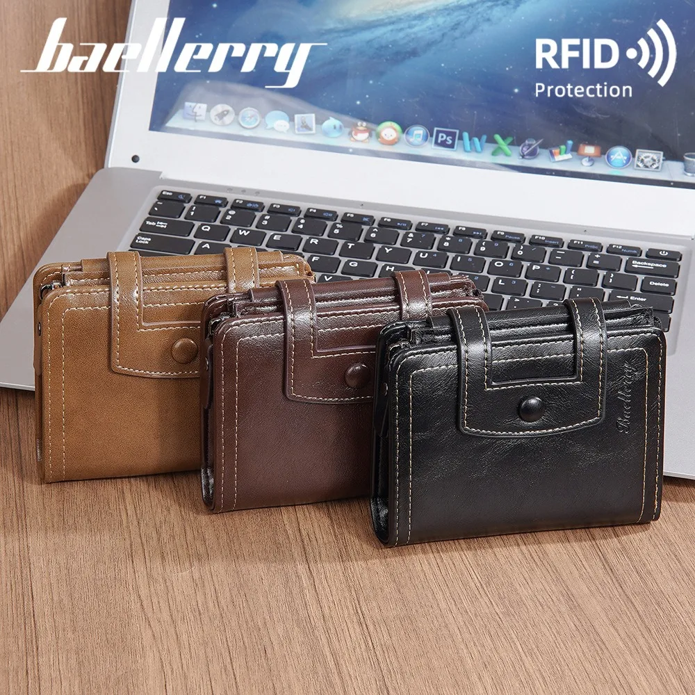 Baellerry Men's Wallet Anti-Theft Card Swiping Bag Zipper Buckle Coin Purse Short PU