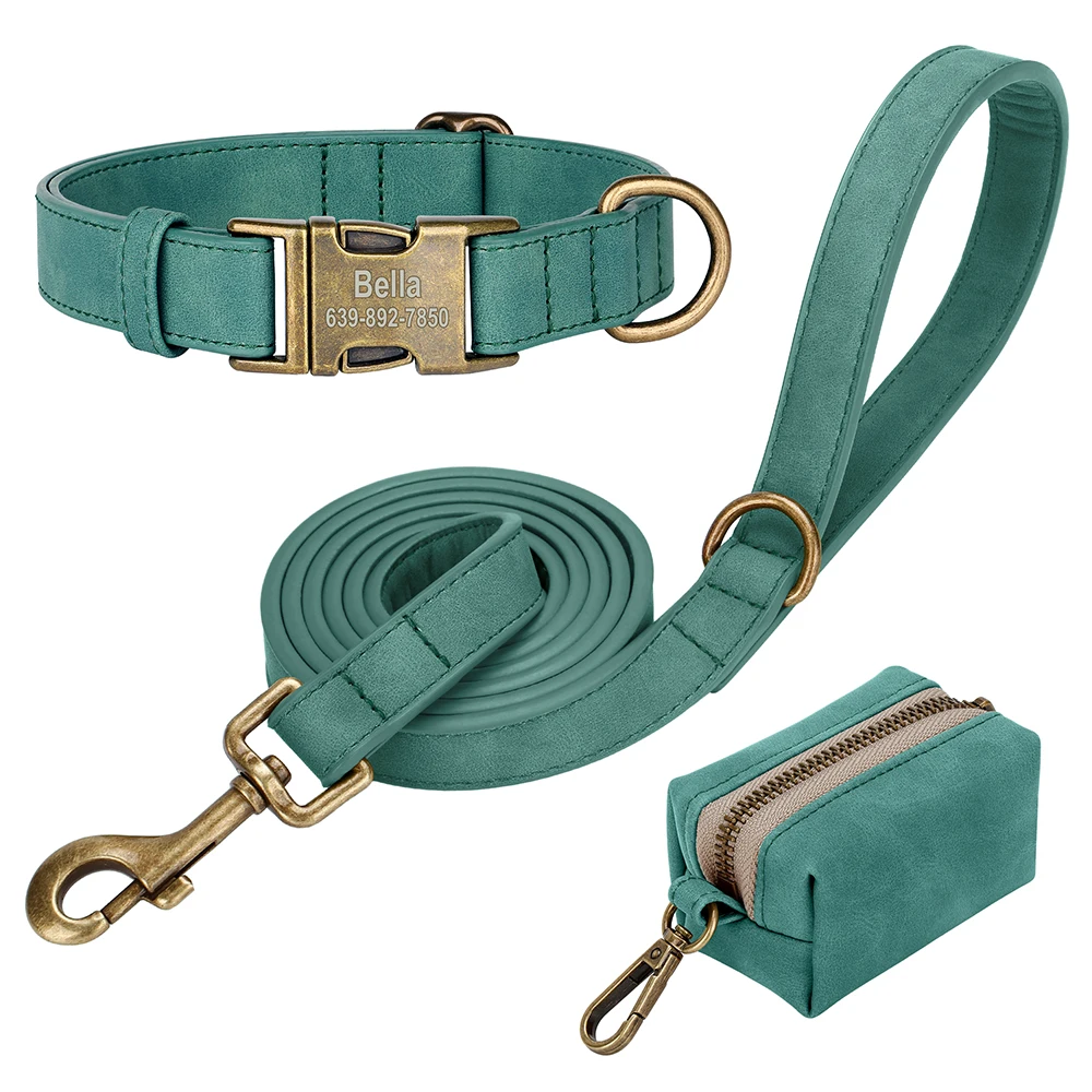 Benutzerdefinierte Hundehalsband Leine Tasche Set personalisierte PU Leder Hundehalsbänder Vintage Haustier Schnalle Halskette mit Bleikot Tasche für Hunde Mops – Detail 8