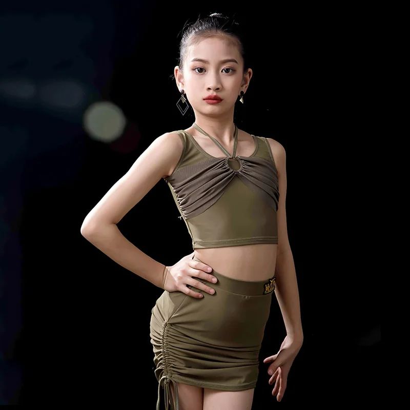 

New Girls Latin Dance Costumes Top And Skirts Split Latin Dance Suit Children's Hip Wrap Rumba Competition Clothing DQL8990