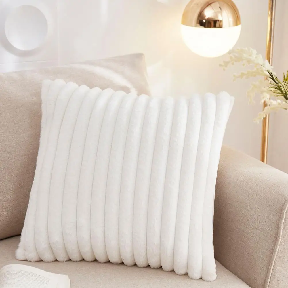 Cushion Cover Soft Plush Striped Throw Pillowcase for Bedroom Room Sofa Decoration Square Shape Pure Color Pillow Cover Home