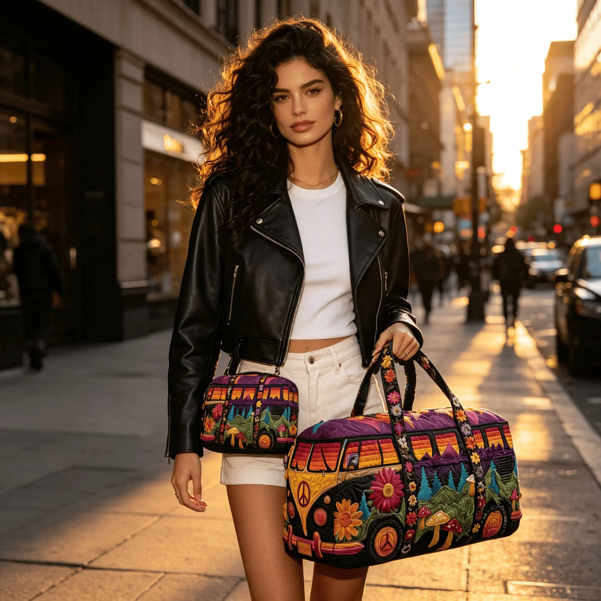 Vintage Hippie Bus Patchwork Embroidered Luggage, Large Capacity Colorful Floral Padded Overnight Bag for Outdoor Vacation
