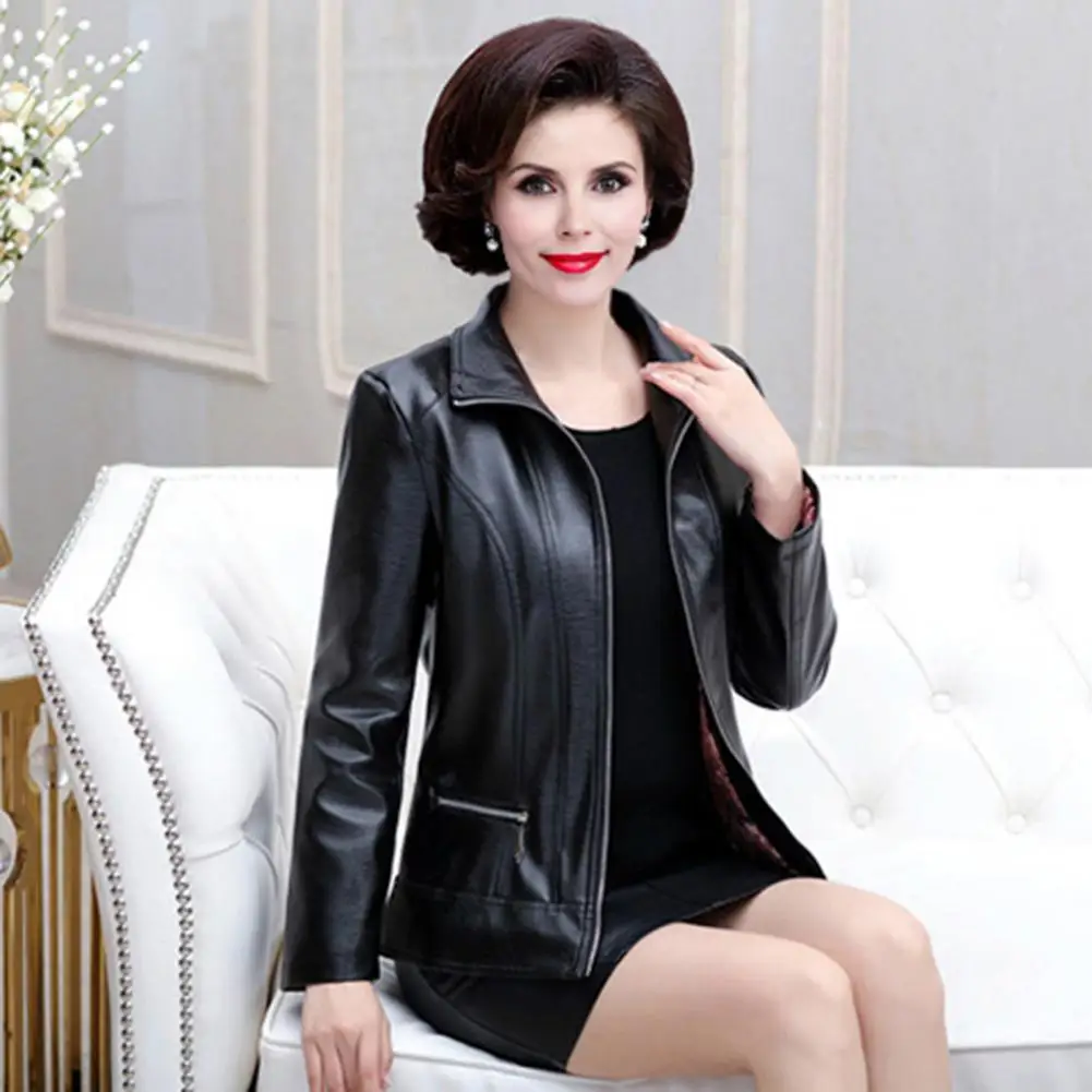 Solid Color Lapel Zipper Jacket Stylish Mid-aged Women's Faux Leather Motorcycle Jacket with Zipper Pockets Plus Size for Travel