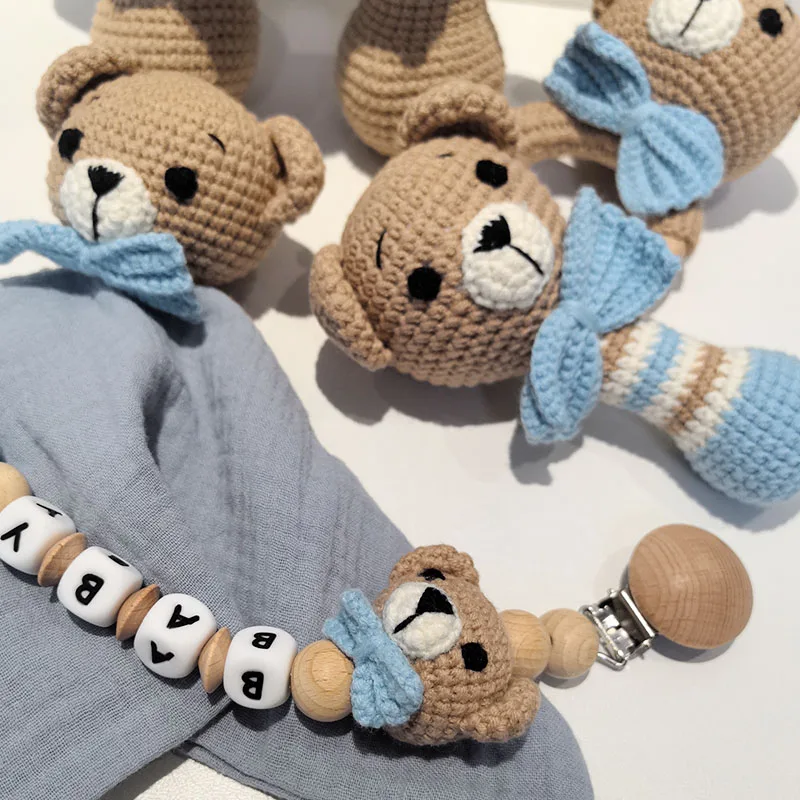 Knitted Bear Baby Teether kawaii Kintted Stuffed Animal Toy Beech Wood Newborn Teether Ring Pacifier Clip Baby Amigurumis Doll