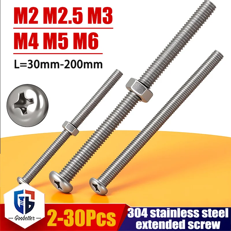 2-30Set M2 M2.5 M3 M4 M5 M6 304 Stainless Steel Screws and Nut Length 30mm-200mm Fasteners For Furniture Hardware Accessories